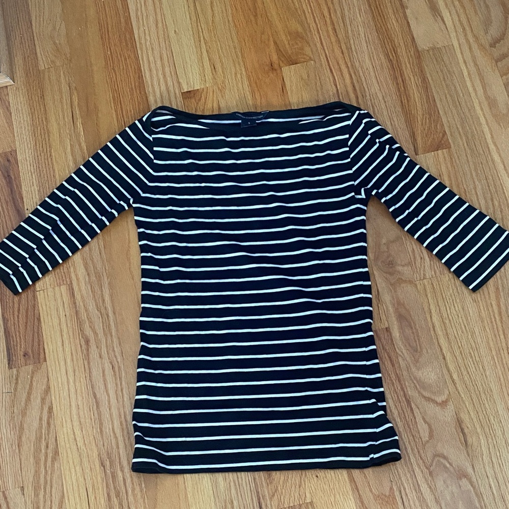 French Connection Black @ White Striped 3/4 Sleeve Top